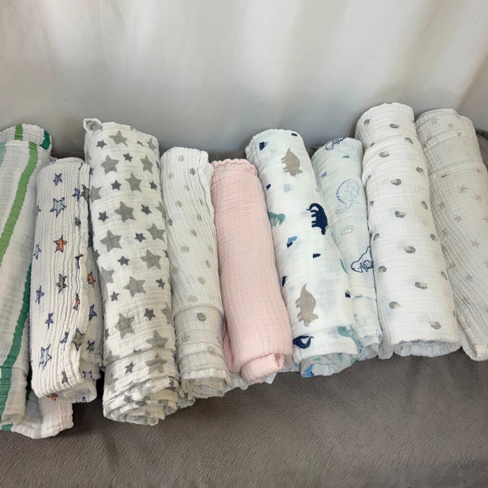 Lot of 9 Cotton Muslin Baby Blankets Neutral aden+anais Cloud Island Kyle/Deena